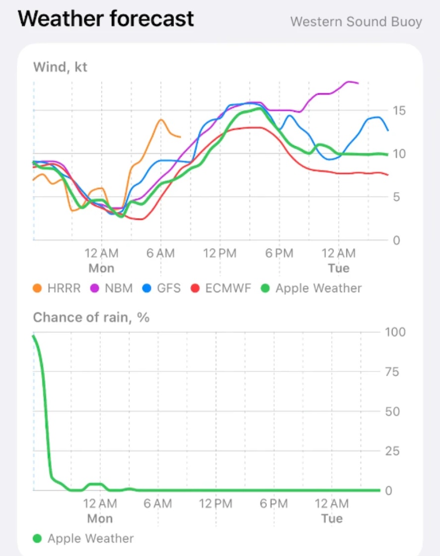 The weather forecast on the first screen: a wind chart with five forecast models as colored lines, and the chance of rain below it.