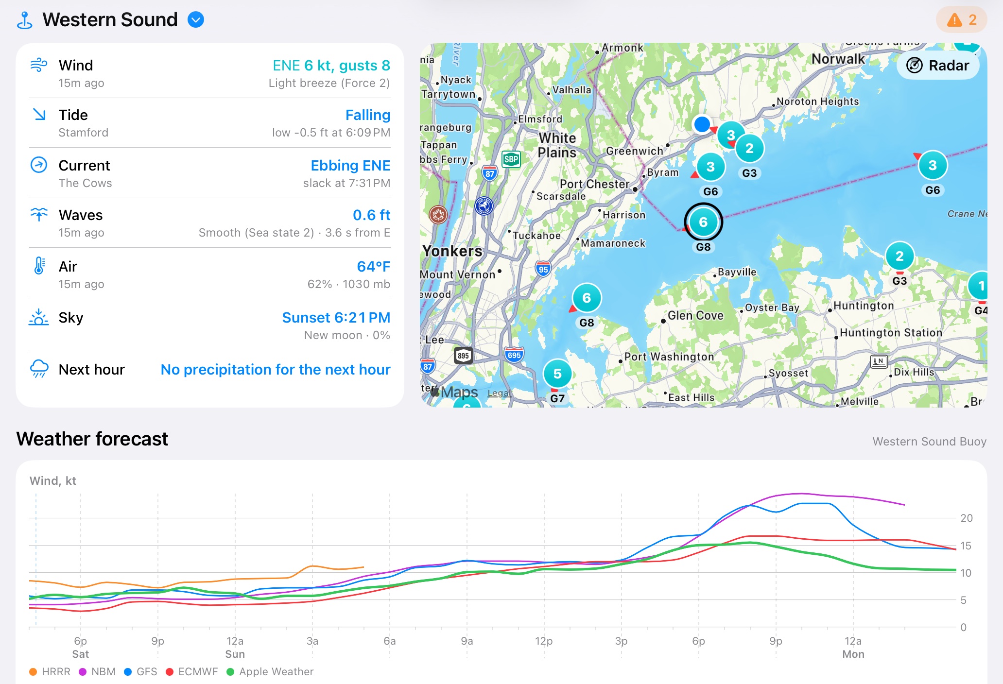 SailTools on an iPad: the wind, tide, current, waves, air and sky at the Western Sound buoy beside a map of the wind at every station with its Radar button, above the forecast.