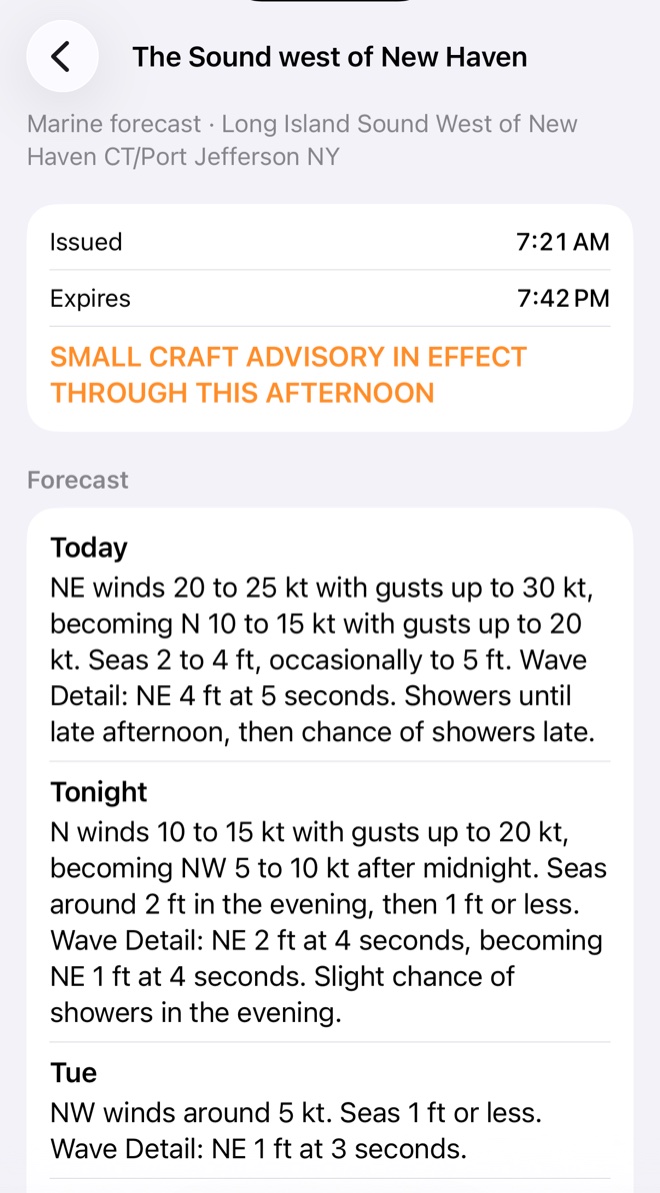 One zone's forecast: issued and expiry times, a Small Craft Advisory, and the forecast for today, tonight and the days after.