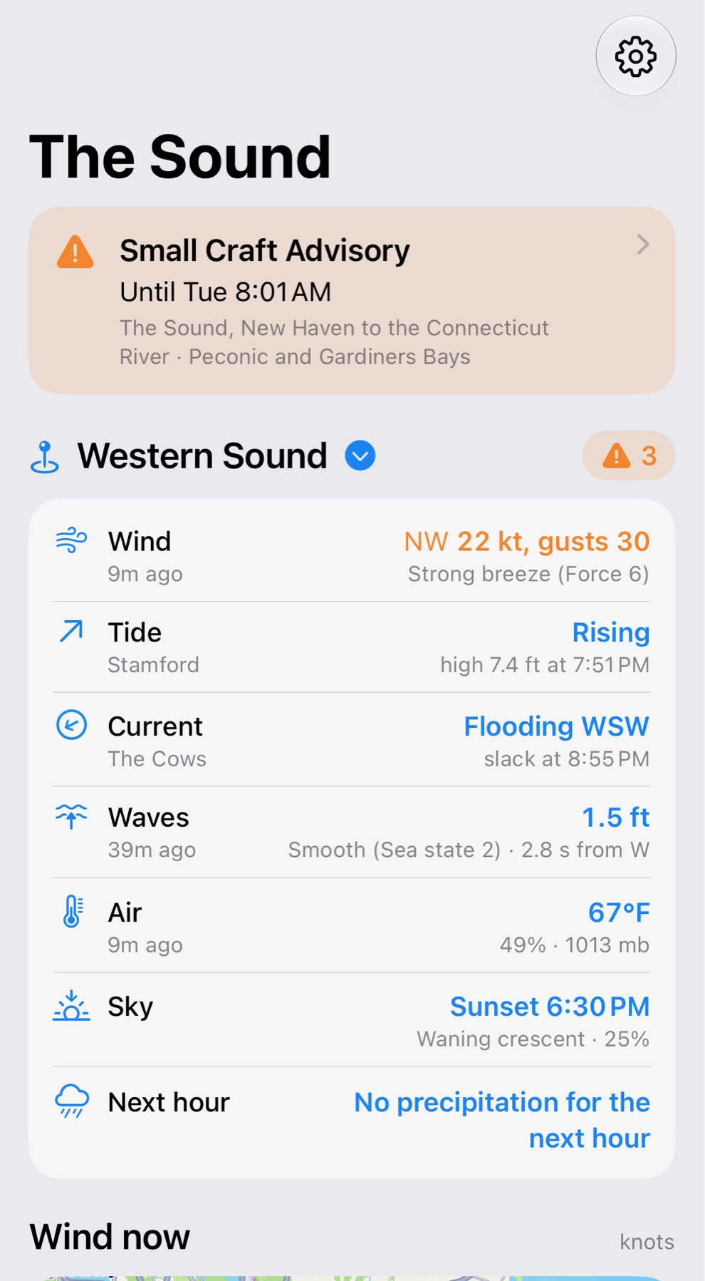 The first screen at the Western Sound buoy: a small craft advisory, then wind, tide, current, waves, air, sky and the next hour, above a map of the wind.