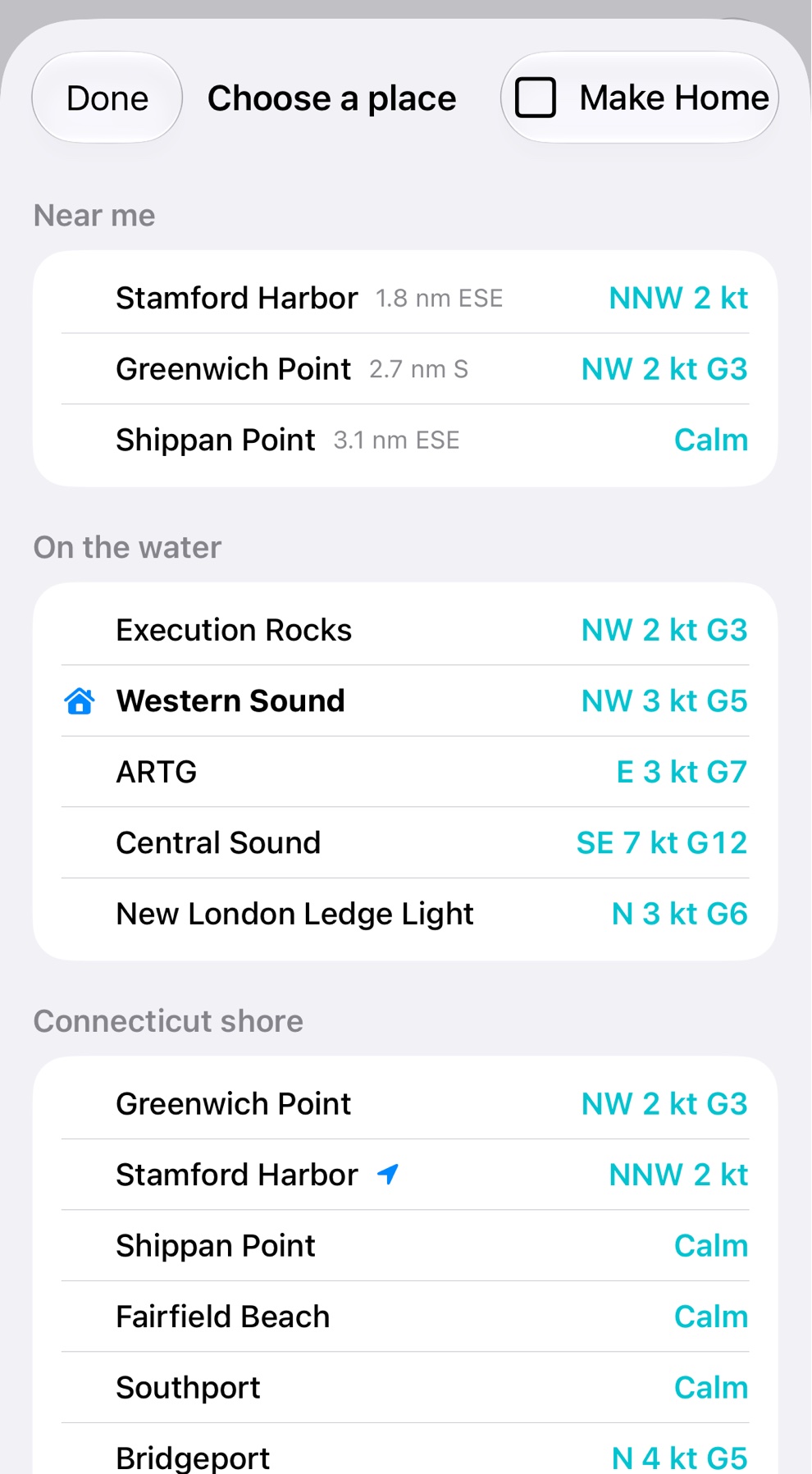 The list of places: Near me at the top with the three nearest stations and how far away each is, then the stations on the water and along the Connecticut shore with their wind now.