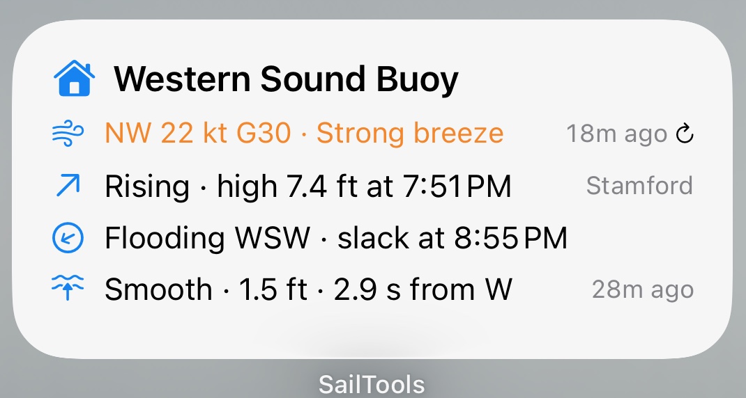 The SailTools widget on an iPhone home screen: wind, tide, current and waves at the home station.